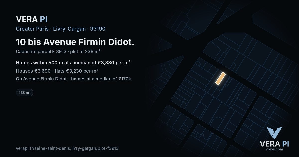 10 bis Avenue Firmin Didot, Livry-Gargan at night – the plot lit, the parcels around coloured by the prices near them