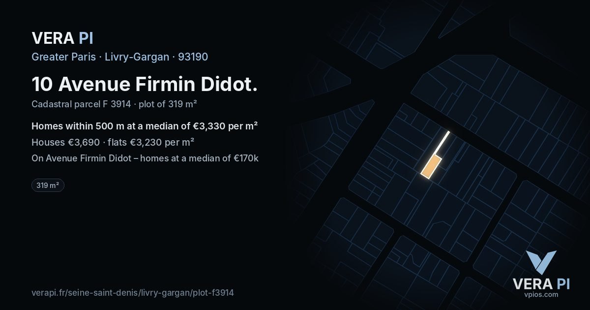 10 Avenue Firmin Didot, Livry-Gargan at night – the plot lit, the parcels around coloured by the prices near them