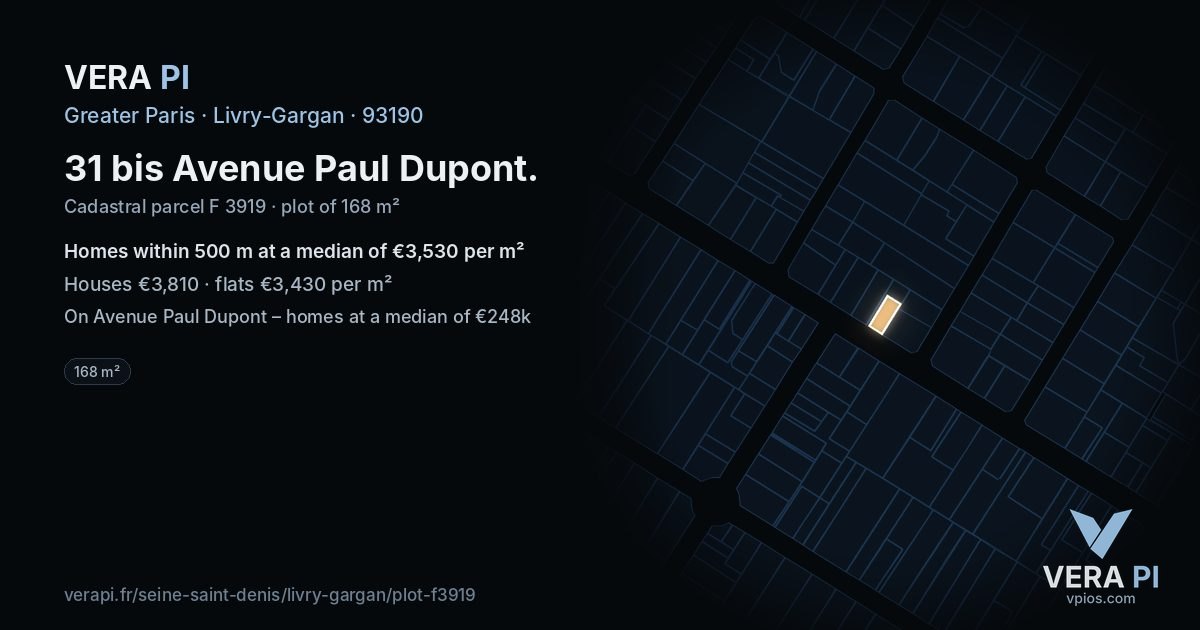 31 bis Avenue Paul Dupont, Livry-Gargan at night – the plot lit, the parcels around coloured by the prices near them