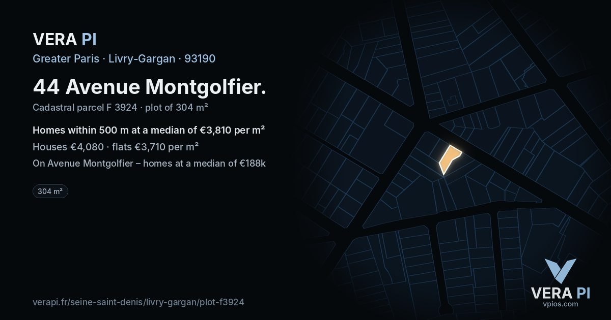 44 Avenue Montgolfier, Livry-Gargan at night – the plot lit, the parcels around coloured by the prices near them