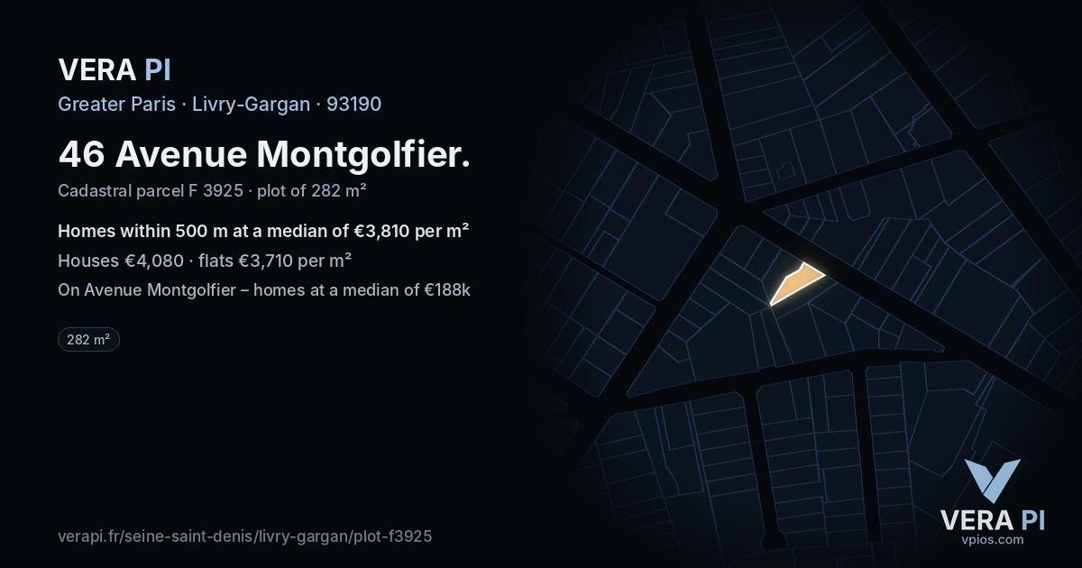 46 Avenue Montgolfier, Livry-Gargan at night – the plot lit, the parcels around coloured by the prices near them