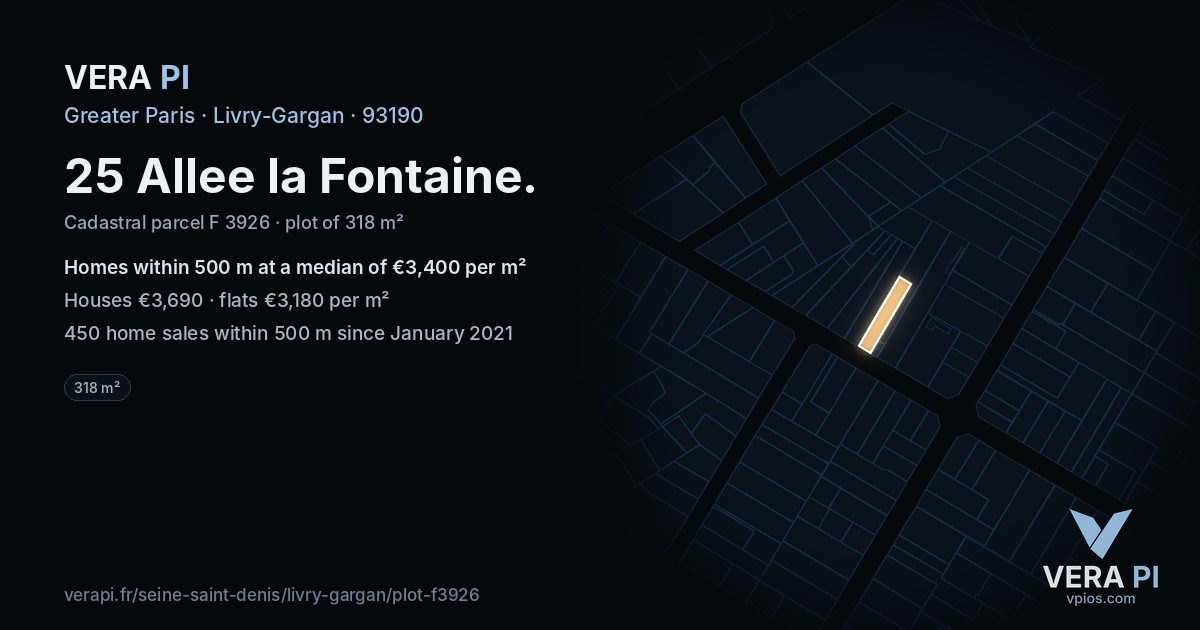 25 Allee la Fontaine, Livry-Gargan at night – the plot lit, the parcels around coloured by the prices near them