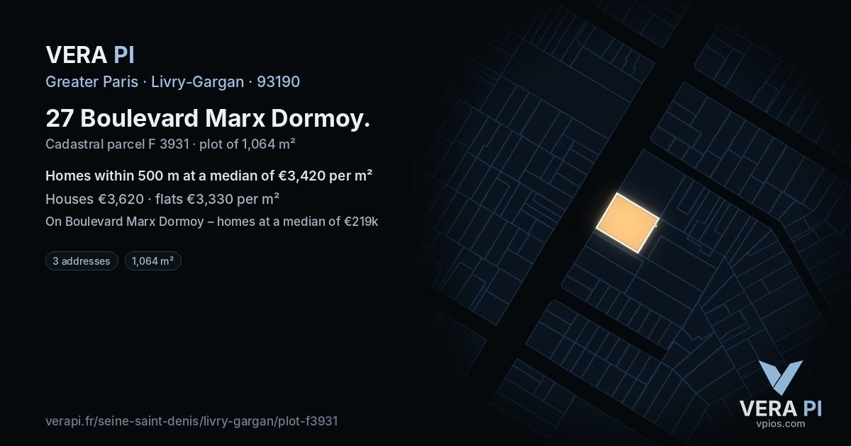 27 Boulevard Marx Dormoy, Livry-Gargan at night – the plot lit, the parcels around coloured by the prices near them