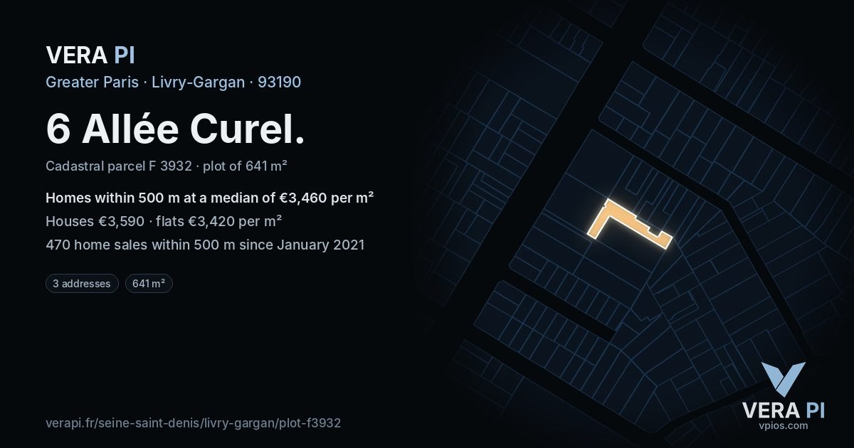 6 Allée Curel, Livry-Gargan at night – the plot lit, the parcels around coloured by the prices near them