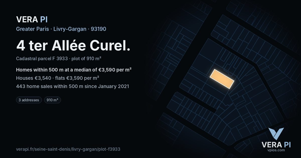 4 ter Allée Curel, Livry-Gargan at night – the plot lit, the parcels around coloured by the prices near them
