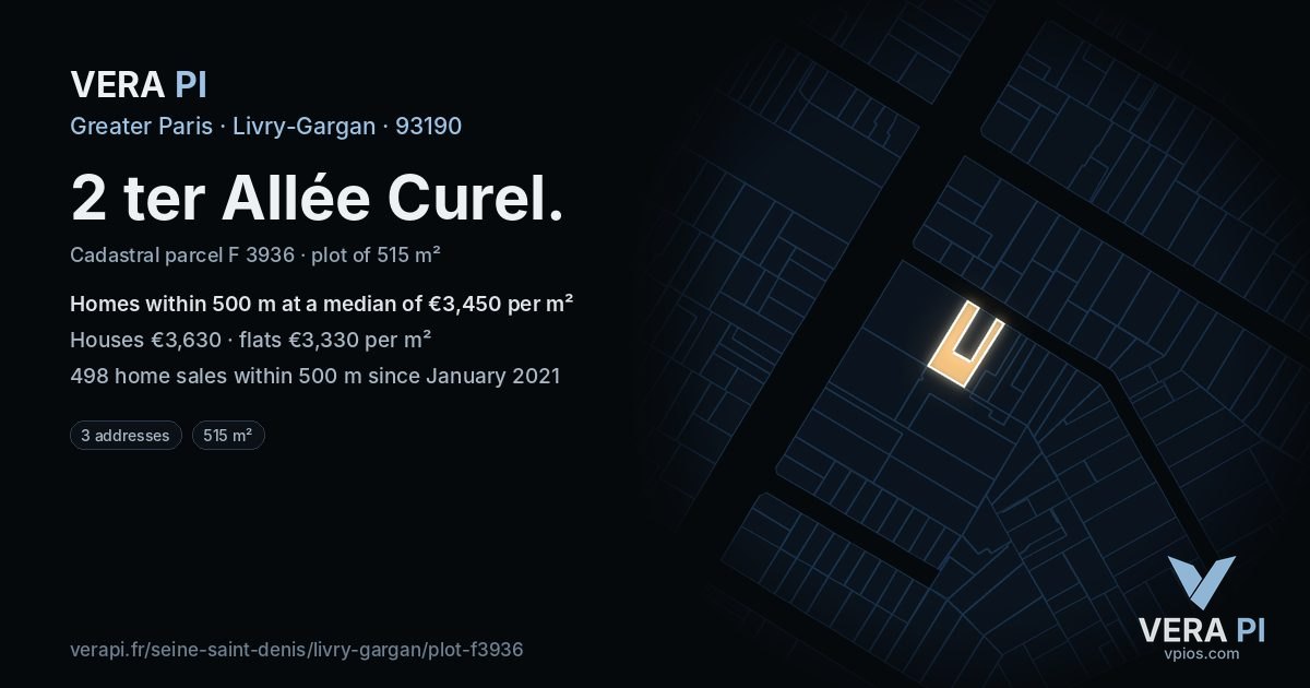 2 ter Allée Curel, Livry-Gargan at night – the plot lit, the parcels around coloured by the prices near them