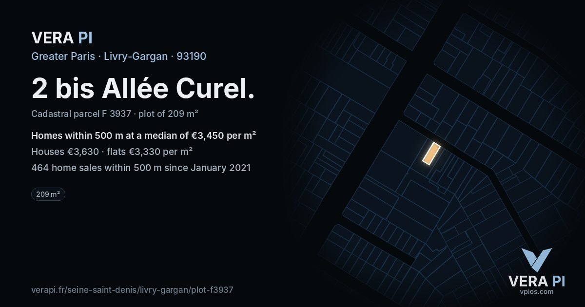 2 bis Allée Curel, Livry-Gargan at night – the plot lit, the parcels around coloured by the prices near them