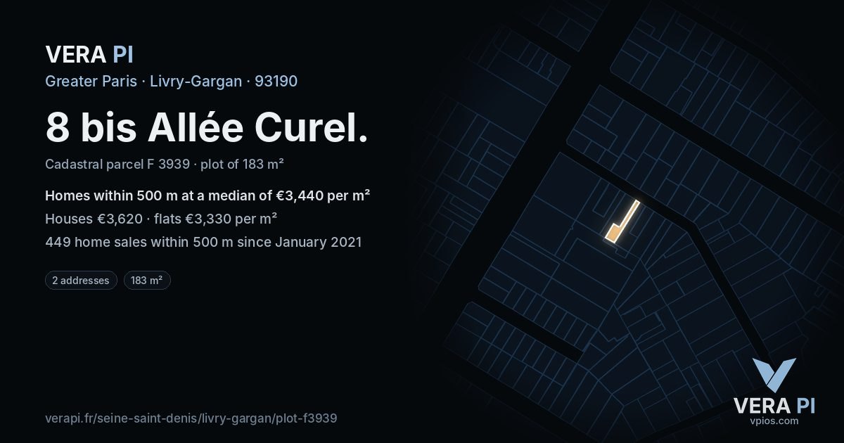 8 bis Allée Curel, Livry-Gargan at night – the plot lit, the parcels around coloured by the prices near them