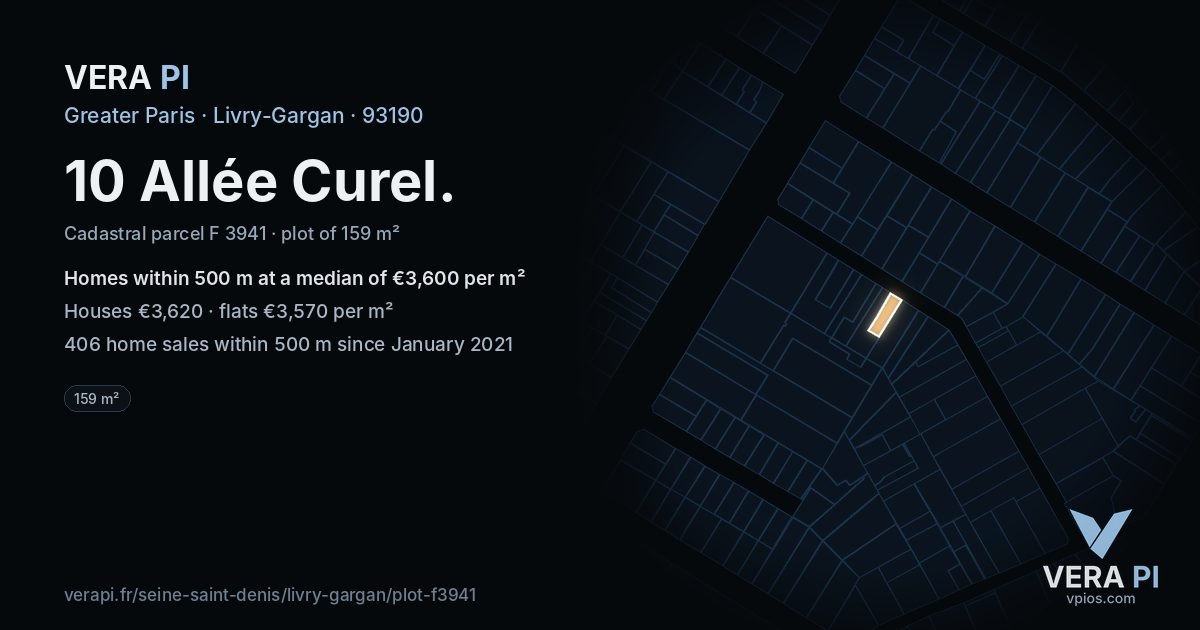 10 Allée Curel, Livry-Gargan at night – the plot lit, the parcels around coloured by the prices near them