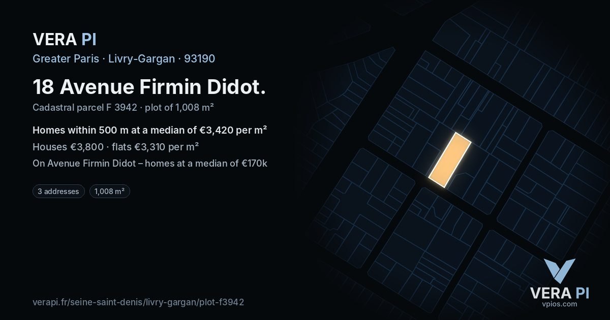 18 Avenue Firmin Didot, Livry-Gargan at night – the plot lit, the parcels around coloured by the prices near them
