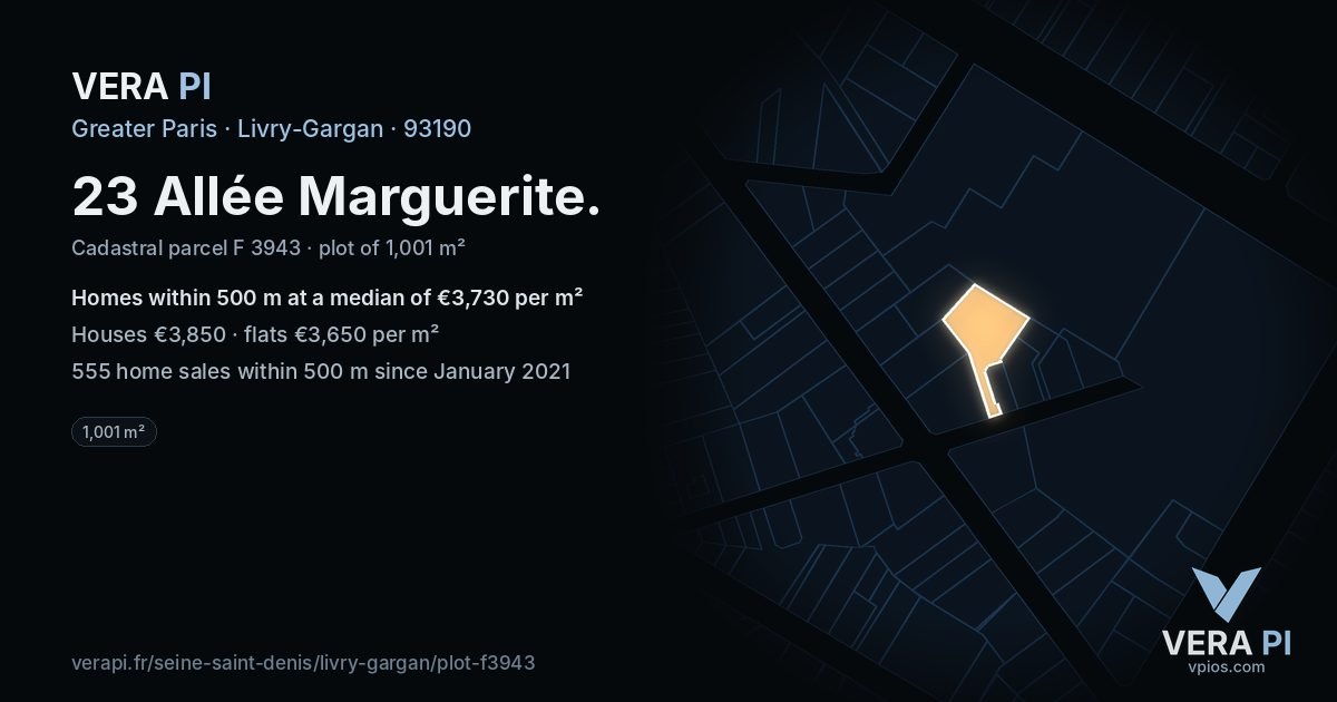 23 Allée Marguerite, Livry-Gargan at night – the plot lit, the parcels around coloured by the prices near them