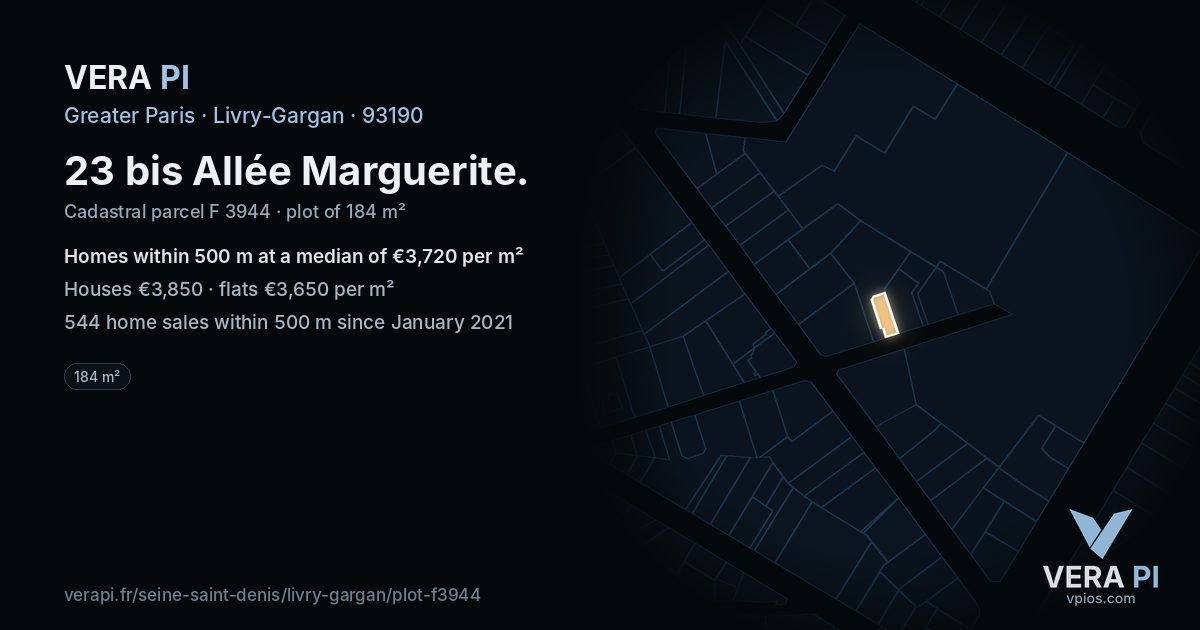 23 bis Allée Marguerite, Livry-Gargan at night – the plot lit, the parcels around coloured by the prices near them