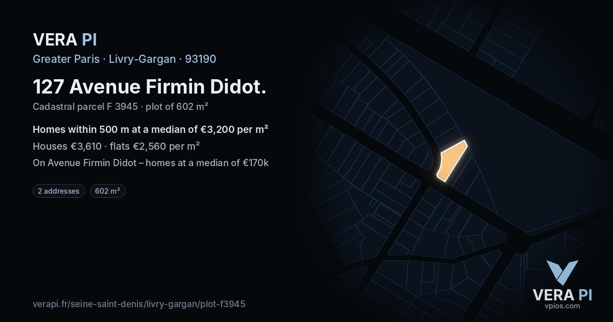 127 Avenue Firmin Didot, Livry-Gargan at night – the plot lit, the parcels around coloured by the prices near them