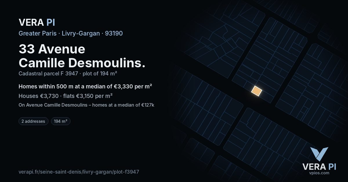 33 Avenue Camille Desmoulins, Livry-Gargan at night – the plot lit, the parcels around coloured by the prices near them