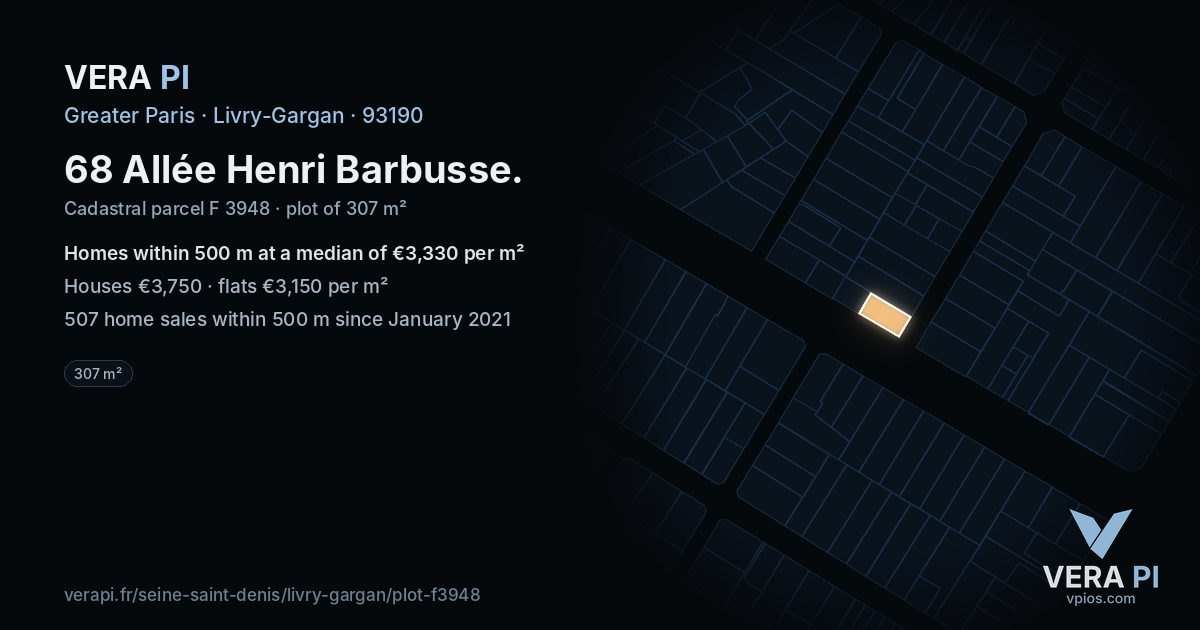 68 Allée Henri Barbusse, Livry-Gargan at night – the plot lit, the parcels around coloured by the prices near them