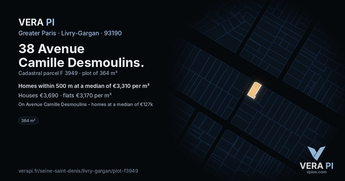 38 Avenue Camille Desmoulins, Livry-Gargan at night – the plot lit, the parcels around coloured by the prices near them