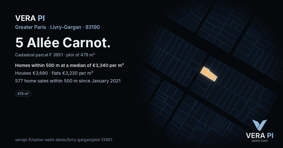 5 Allée Carnot, Livry-Gargan at night – the plot lit, the parcels around coloured by the prices near them