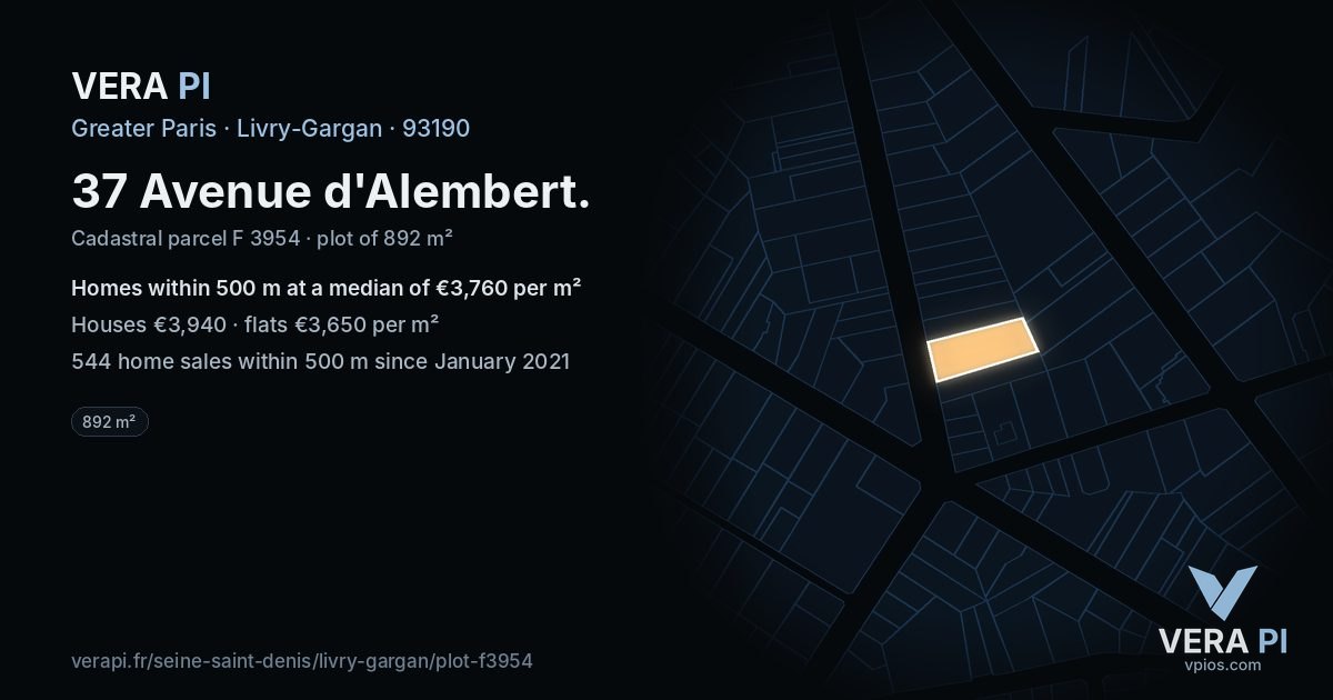 37 Avenue d'Alembert, Livry-Gargan at night – the plot lit, the parcels around coloured by the prices near them