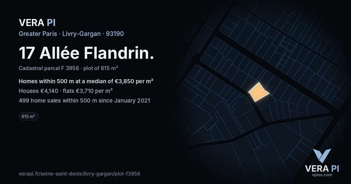 17 Allée Flandrin, Livry-Gargan at night – the plot lit, the parcels around coloured by the prices near them