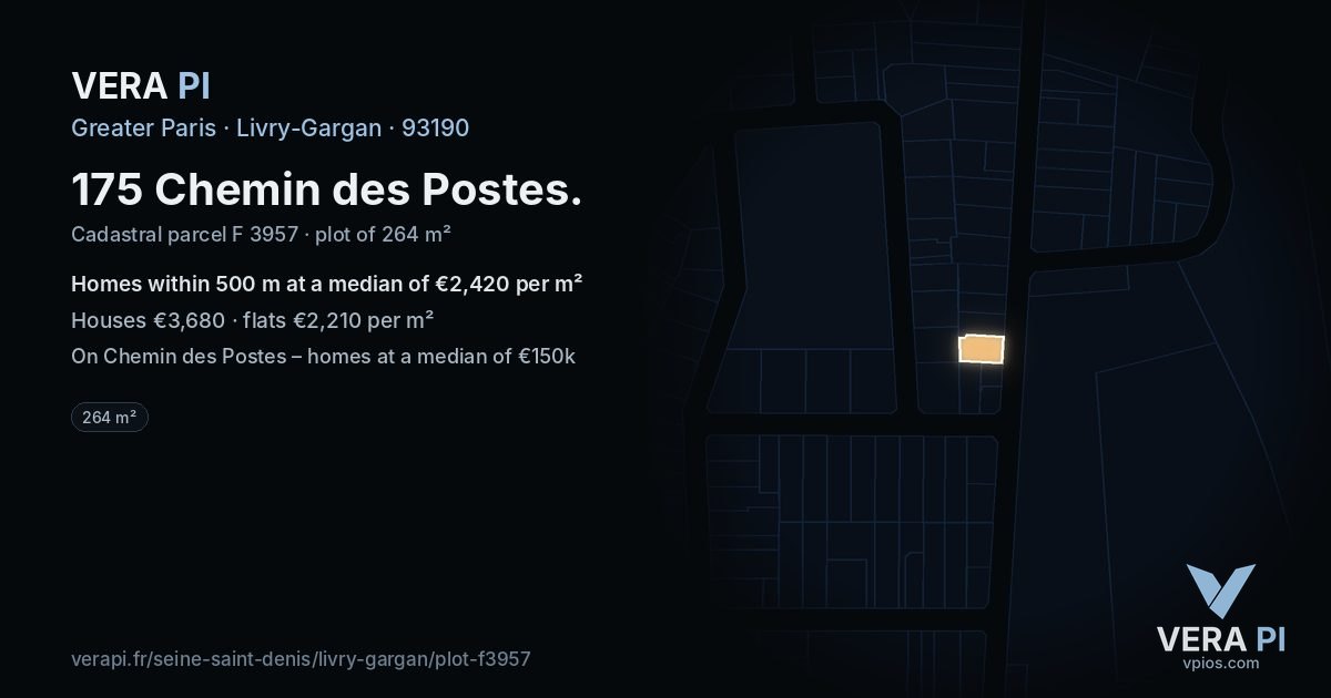 175 Chemin des Postes, Livry-Gargan at night – the plot lit, the parcels around coloured by the prices near them