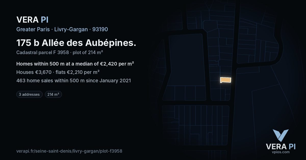 175 b Allée des Aubépines, Livry-Gargan at night – the plot lit, the parcels around coloured by the prices near them