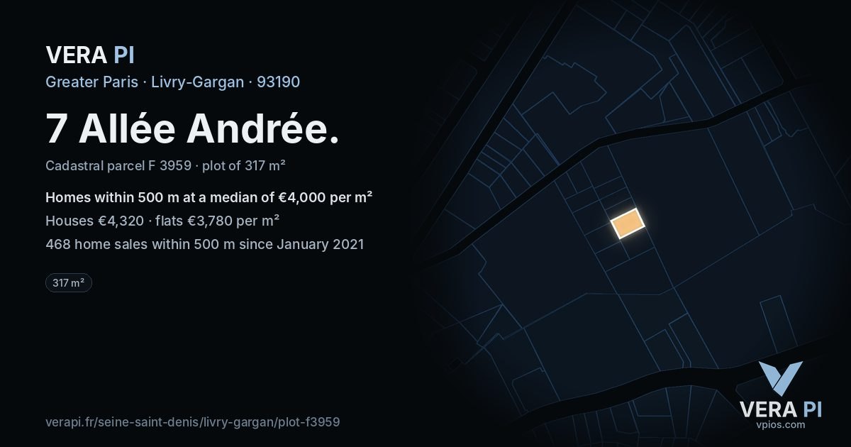 7 Allée Andrée, Livry-Gargan at night – the plot lit, the parcels around coloured by the prices near them