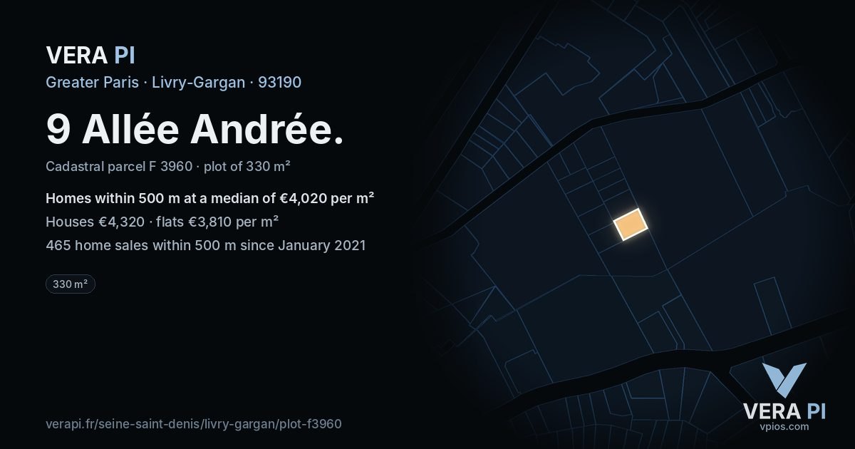9 Allée Andrée, Livry-Gargan at night – the plot lit, the parcels around coloured by the prices near them