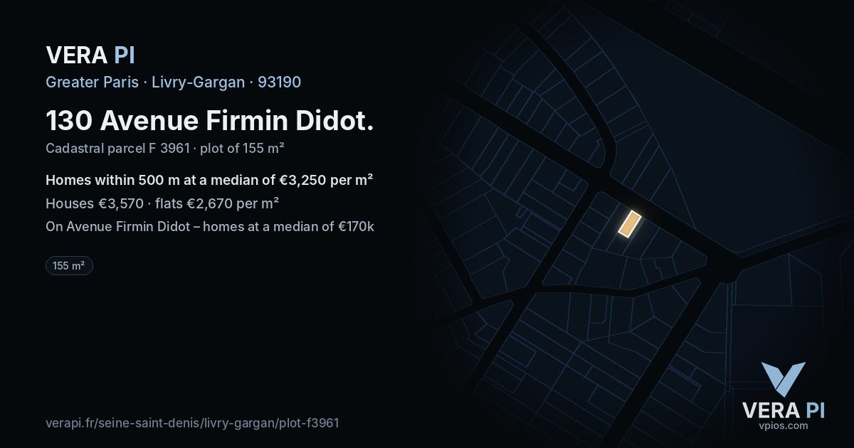 130 Avenue Firmin Didot, Livry-Gargan at night – the plot lit, the parcels around coloured by the prices near them