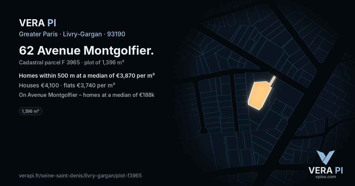 62 Avenue Montgolfier, Livry-Gargan at night – the plot lit, the parcels around coloured by the prices near them