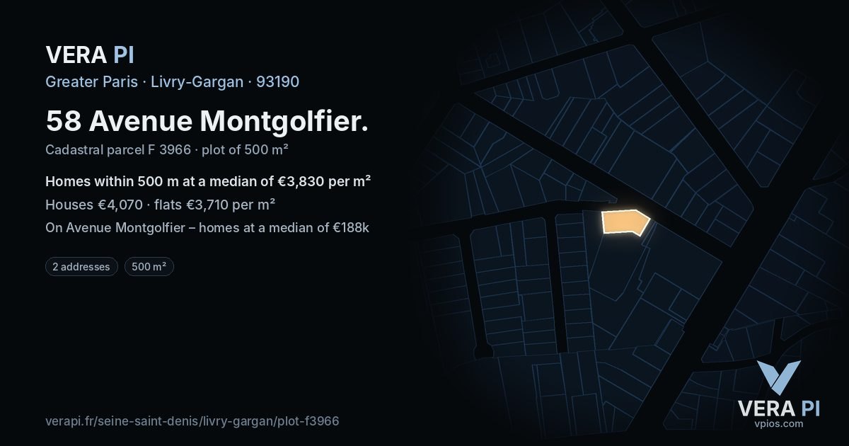 58 Avenue Montgolfier, Livry-Gargan at night – the plot lit, the parcels around coloured by the prices near them