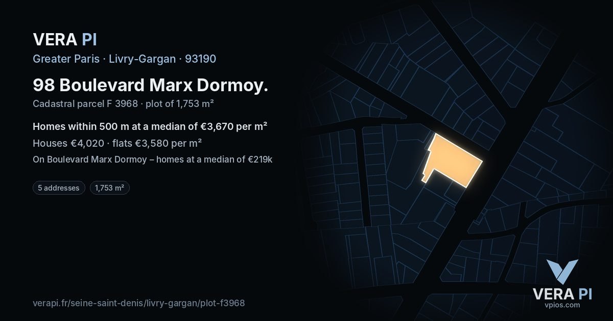 98 Boulevard Marx Dormoy, Livry-Gargan at night – the plot lit, the parcels around coloured by the prices near them