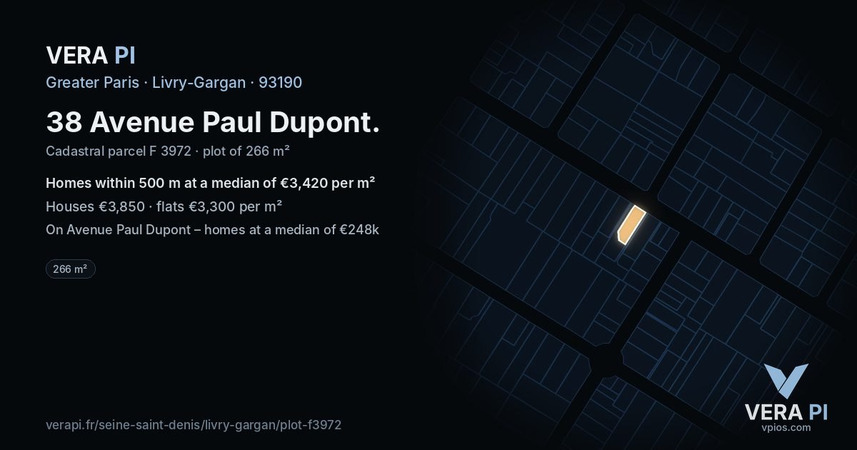 38 Avenue Paul Dupont, Livry-Gargan at night – the plot lit, the parcels around coloured by the prices near them