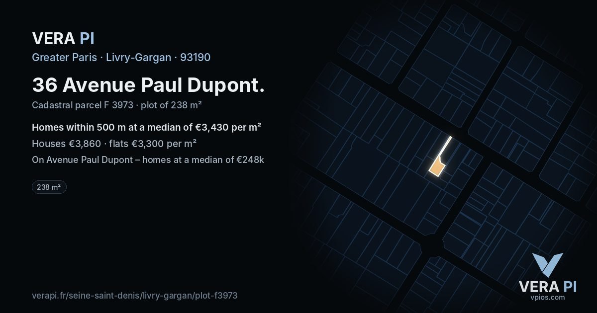36 Avenue Paul Dupont, Livry-Gargan at night – the plot lit, the parcels around coloured by the prices near them