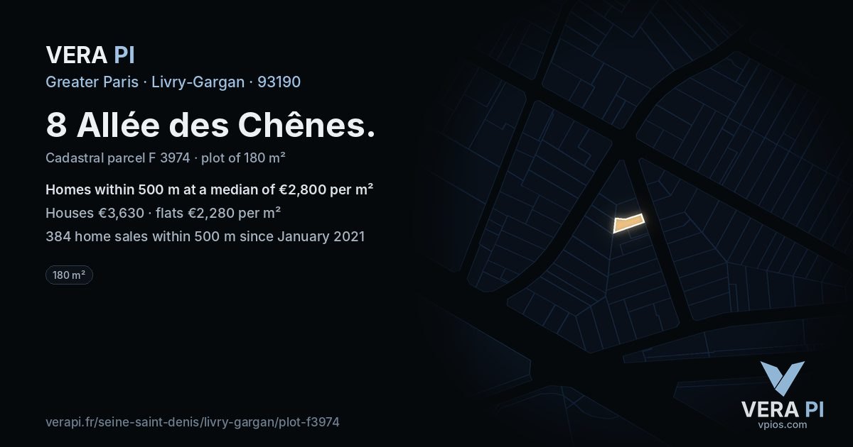 8 Allée des Chênes, Livry-Gargan at night – the plot lit, the parcels around coloured by the prices near them