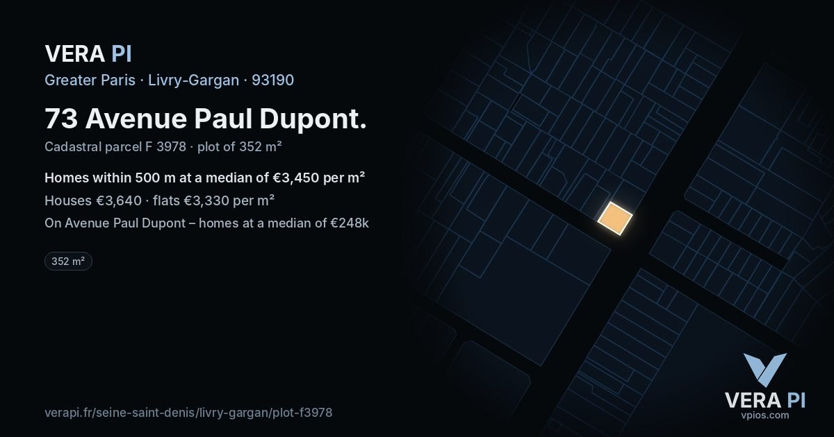73 Avenue Paul Dupont, Livry-Gargan at night – the plot lit, the parcels around coloured by the prices near them