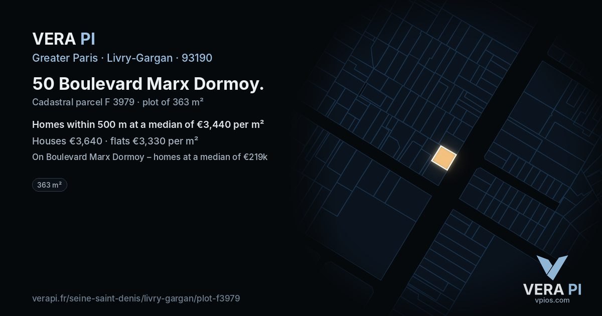 50 Boulevard Marx Dormoy, Livry-Gargan at night – the plot lit, the parcels around coloured by the prices near them