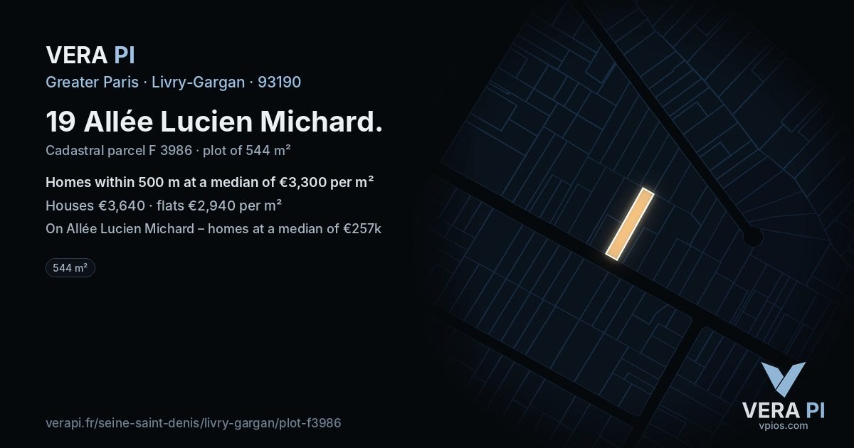 19 Allée Lucien Michard, Livry-Gargan at night – the plot lit, the parcels around coloured by the prices near them