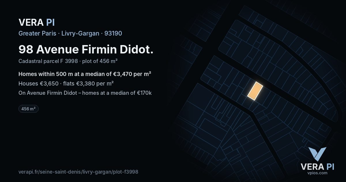 98 Avenue Firmin Didot, Livry-Gargan at night – the plot lit, the parcels around coloured by the prices near them