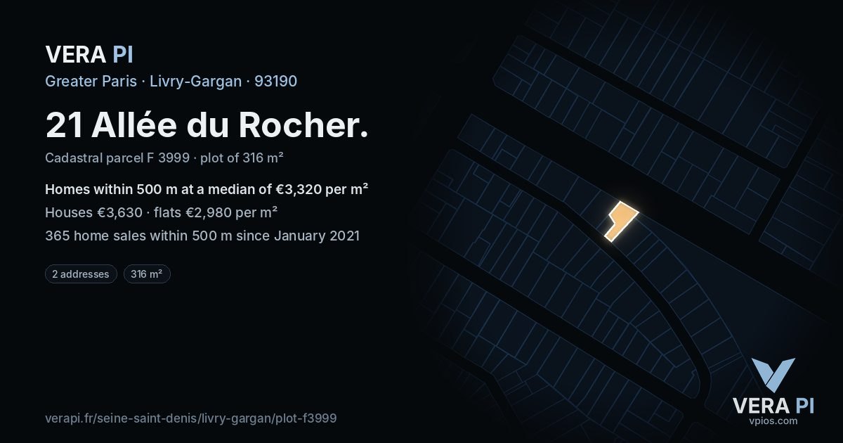 21 Allée du Rocher, Livry-Gargan at night – the plot lit, the parcels around coloured by the prices near them