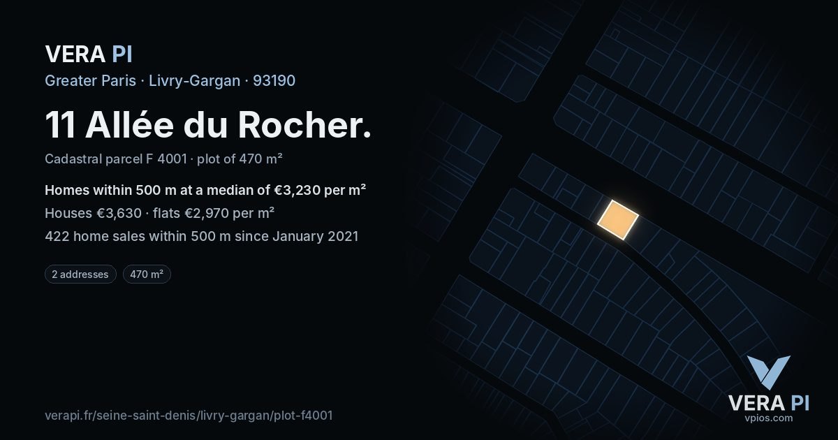 11 Allée du Rocher, Livry-Gargan at night – the plot lit, the parcels around coloured by the prices near them