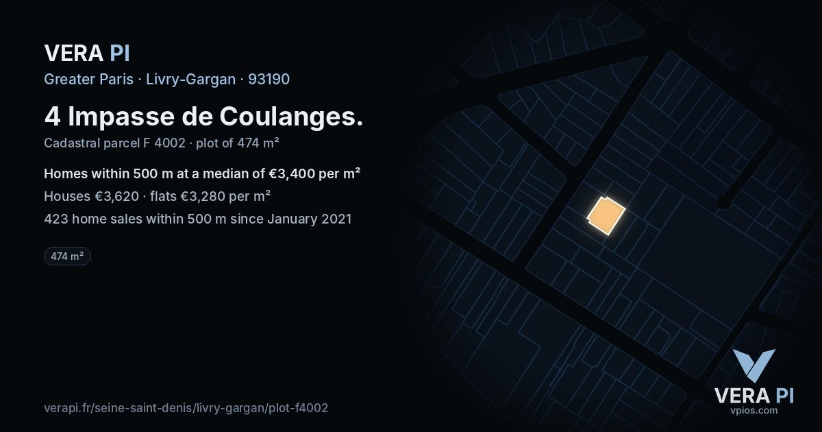 4 Impasse de Coulanges, Livry-Gargan at night – the plot lit, the parcels around coloured by the prices near them
