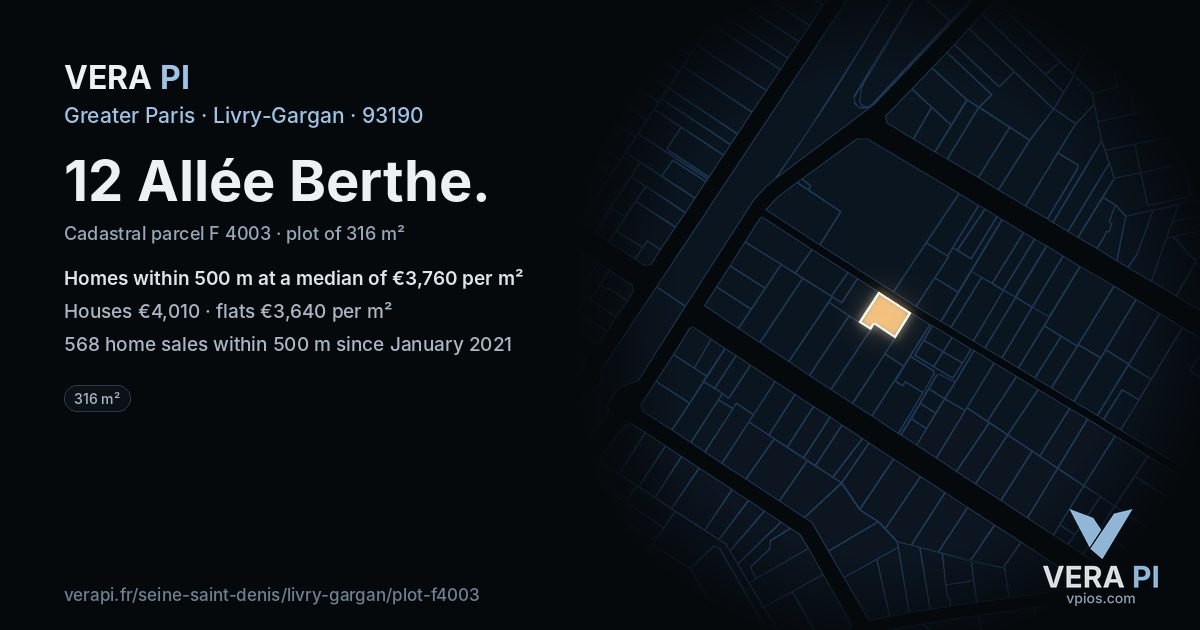 12 Allée Berthe, Livry-Gargan at night – the plot lit, the parcels around coloured by the prices near them