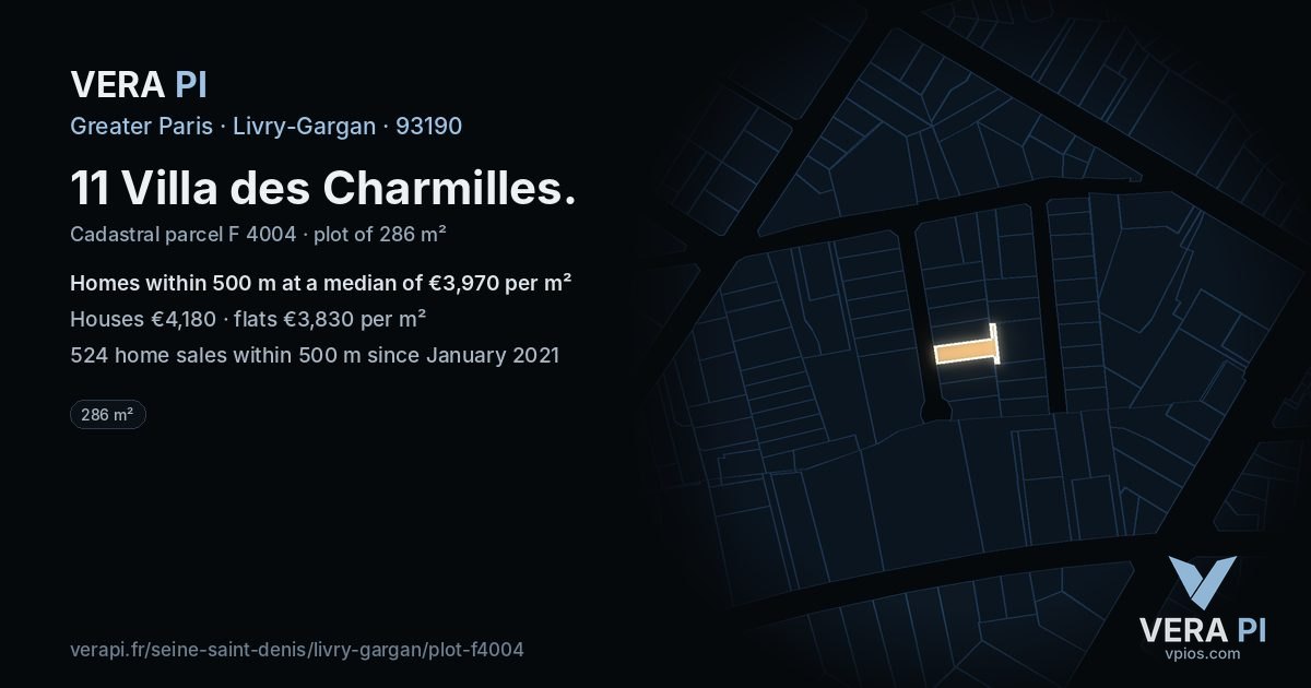 11 Villa des Charmilles, Livry-Gargan at night – the plot lit, the parcels around coloured by the prices near them