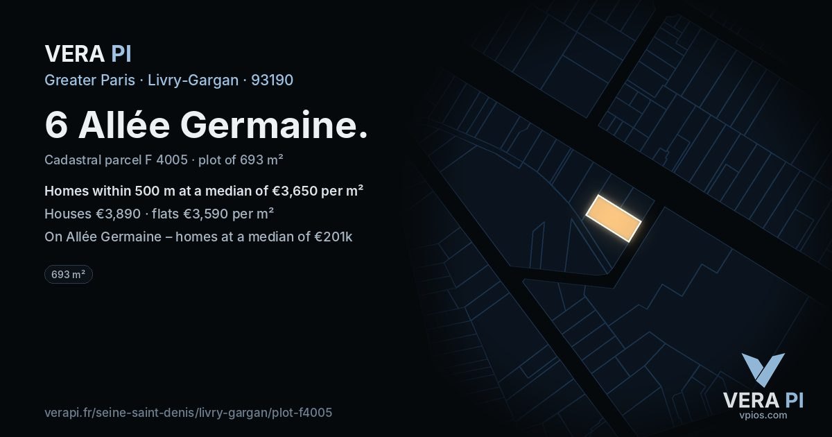 6 Allée Germaine, Livry-Gargan at night – the plot lit, the parcels around coloured by the prices near them