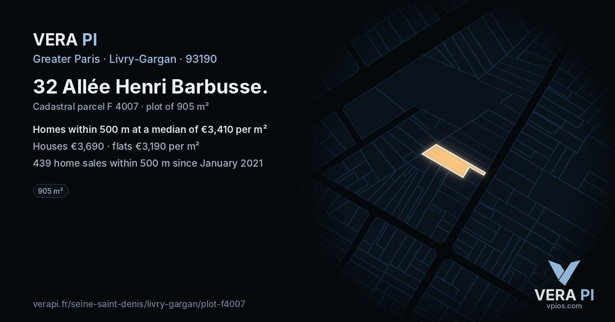 32 Allée Henri Barbusse, Livry-Gargan at night – the plot lit, the parcels around coloured by the prices near them