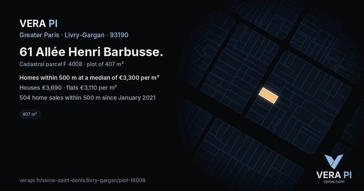 61 Allée Henri Barbusse, Livry-Gargan at night – the plot lit, the parcels around coloured by the prices near them