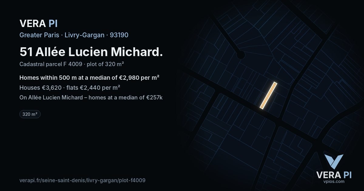 51 Allée Lucien Michard, Livry-Gargan at night – the plot lit, the parcels around coloured by the prices near them