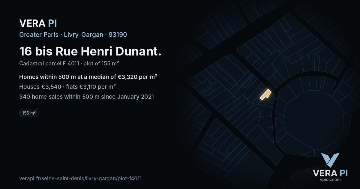 16 bis Rue Henri Dunant, Livry-Gargan at night – the plot lit, the parcels around coloured by the prices near them