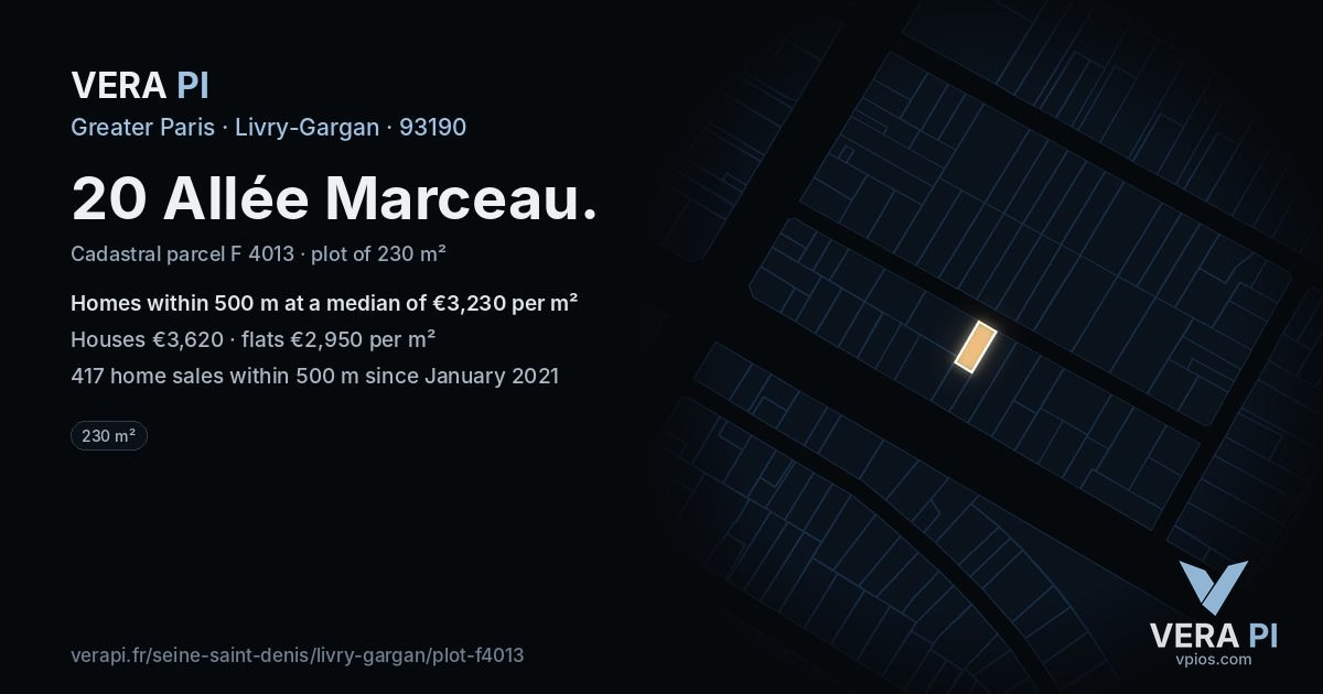 20 Allée Marceau, Livry-Gargan at night – the plot lit, the parcels around coloured by the prices near them