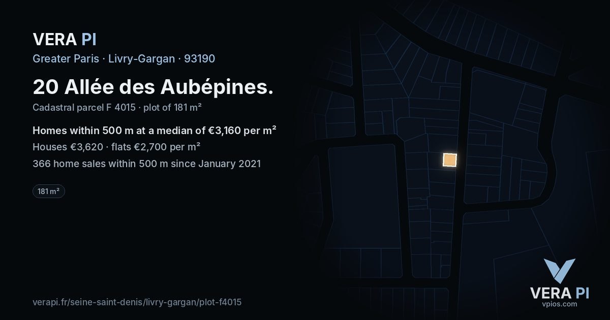 20 Allée des Aubépines, Livry-Gargan at night – the plot lit, the parcels around coloured by the prices near them